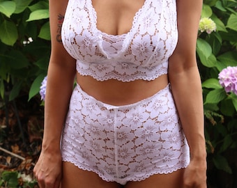 White Lace Bralette and High Waisted Knicker Set - Beautiful lace lingerie from Brighton Lace