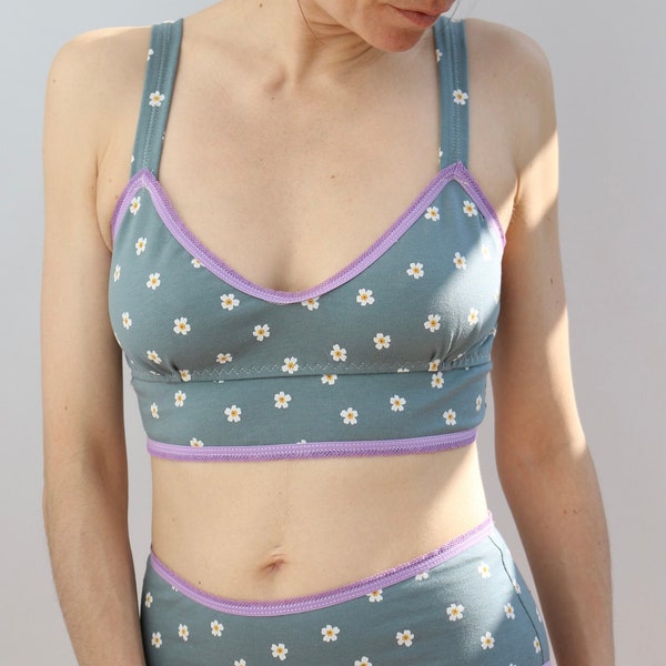 Cute Floral Cotton Bralette in Slate Blue with Contrasting Lilac Trim