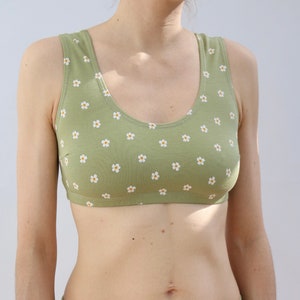 Cotton bralette in cute Apple Green floral print Oeko Tex Certified Sustainable Cotton Bra image 1