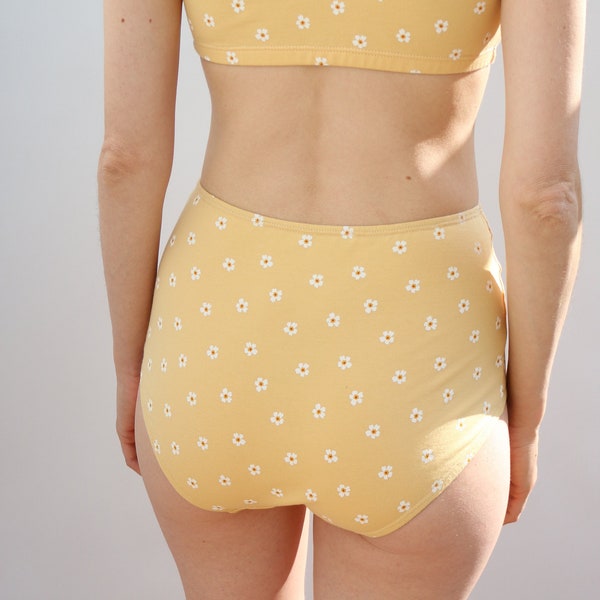 Yellow Oeko Tex Cotton High Waisted Knickers with Daisy Print. Sustainable lingerie for women.