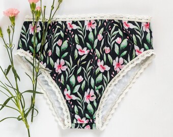 High Waist Panty in Black Floral Print Cotton