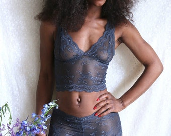 Charcoal Lace Longline Bralette and High Waisted Panty Lingerie Set