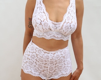 White Lace Bralette and High Waisted Knicker Set - Beautiful lace lingerie from Brighton Lace