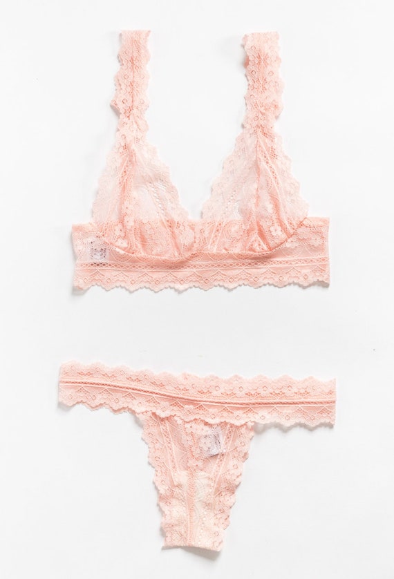 Tea Rose Pale Pink Lace Lace Bralette and Thong Set Pretty Sheer