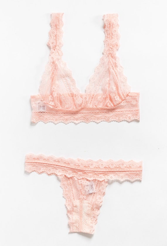 Tea Rose Pale Pink Lace Lace Bralette and Thong Set Pretty Sheer Pink Lace  Lingerie From Brighton Lace -  Canada