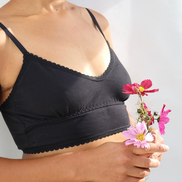 Black Organic Cotton Bralette - organic lingerie, strappy lingerie, organic underwear, wireless bra, sustainable organic cotton underwear
