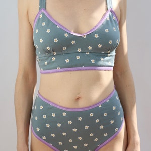 Cute Floral Cotton Bralette in Slate Blue with Contrasting Lilac Trim image 9