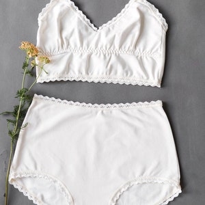 White Organic Cotton High Waisted  Set - organic lingerie, strappy lingerie, organic underwear, wireless bra, organic cotton underwear
