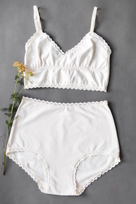White Organic Cotton High Waisted Set Organic Lingerie, Strappy Lingerie,  Organic Underwear, Wireless Bra, Organic Cotton Underwear 