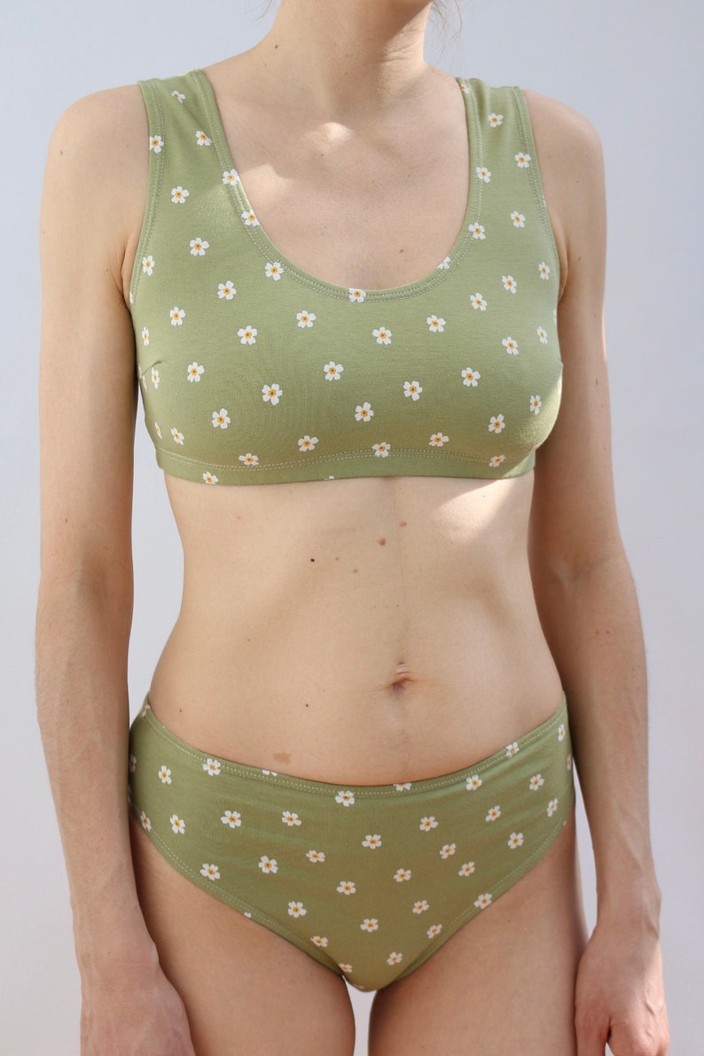 Cotton bralette in cute Apple Green floral print Oeko Tex Certified Sustainable Cotton Bra image 1