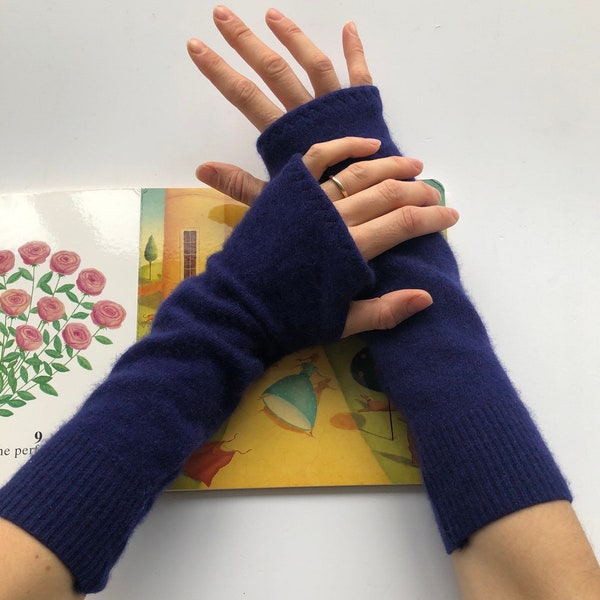 Indigo Blue cashmere wrist warmers, hand warmers, blue gloves, gift to her gloves cashmere mitt upcycled cashmere fingerless