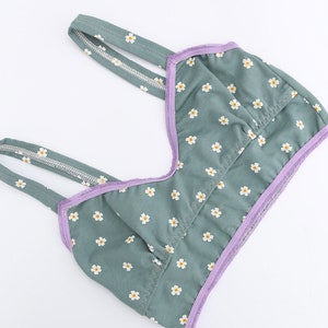 Cute Floral Cotton Bralette in Slate Blue with Contrasting Lilac Trim image 7