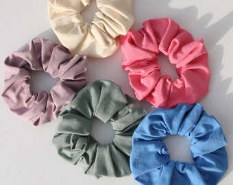 Set van 5 scrunchies van biologisch katoen: salie, klokje, naturel, lavendel en kersenbloesemroze