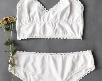 White Organic Cotton Brief & Bralette set, cotton bralette, organic cotton lingerie, bralette and brief set, sustainable underwear