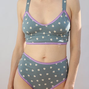 Cute Floral Cotton Bralette in Slate Blue with Contrasting Lilac Trim image 6
