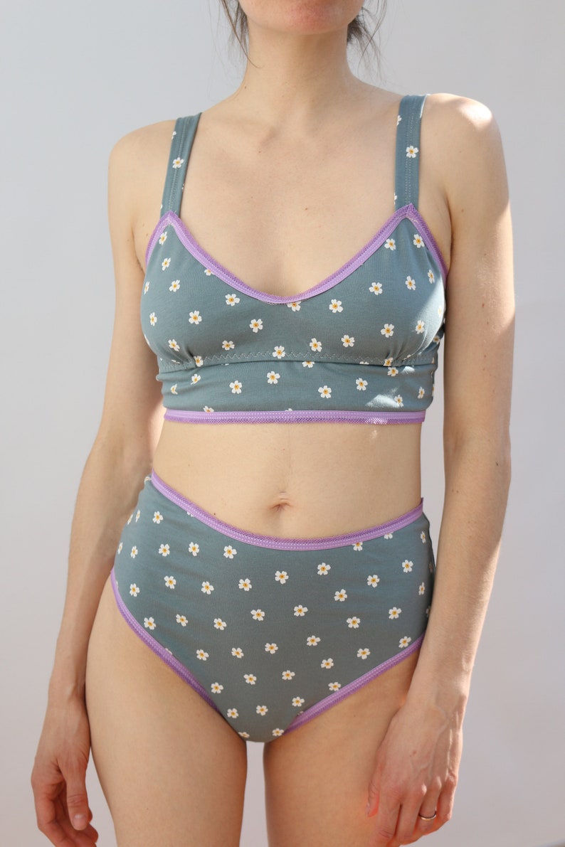 Cute Floral Cotton Bralette in Slate Blue with Contrasting Lilac Trim image 6