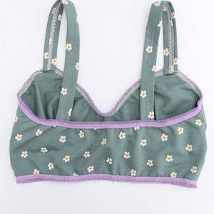 Cute Floral Cotton Bralette in Slate Blue with Contrasting Lilac Trim image 4