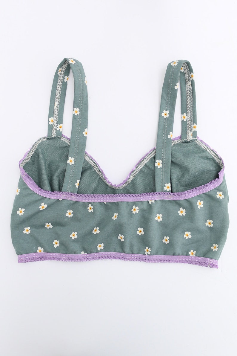 Cute Floral Cotton Bralette in Slate Blue with Contrasting Lilac Trim image 4