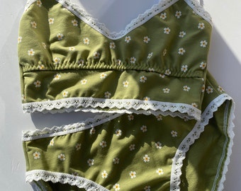 Groene Daisy Cotton slip- en bralette-ondergoedset