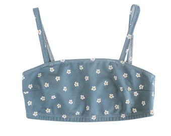 Strappy Bandeau Bra in Slate Blue Oeko Tex Certified Cotton-  Boob Tube Crop Top in Daisy Print