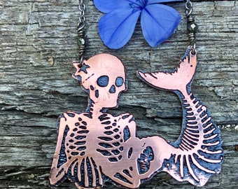 Mermaid Hand Etched copper and sterling silver necklace