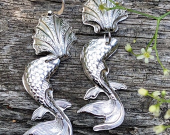 Mermaid Tail and Seashell Earrings, Sterling silver Earrings