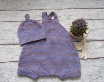 cotton merino Knit Baby romper - handmade 0-3 months - baby hat - newborn romper - baby overalls - baby photo props - newborn shots