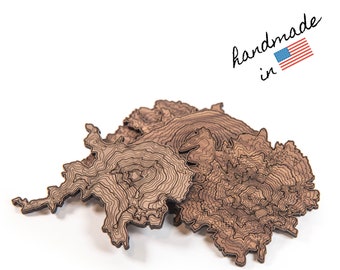 Pacific Northwest Mountains Wooden Coasters | Walnut Topographic Set
