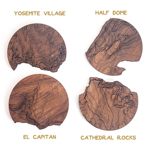 Yosemite Village - Topographie du parc national de Yosemite Dessous de verre | 100 % vrai noyer noir ou peuplier – Tous les sous-verres sont fabriqués à la main à Olympia, WA.