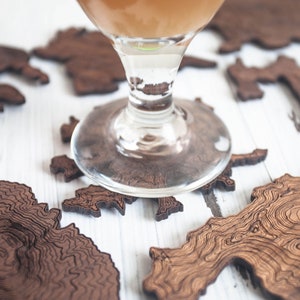 May include: A glass of amber-colored liquid sits on a set of wooden coasters. The coasters are shaped like islands and have a detailed wood grain pattern.