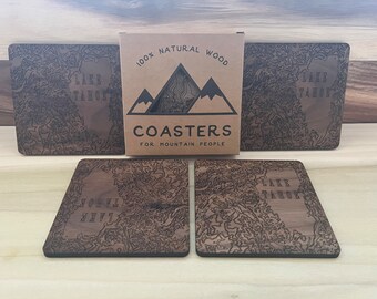 Lake Tahoe topography coasters - set of 4 walnut or poplar