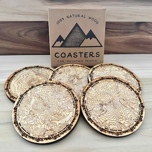 Pacific Northwest | Washington State | Mountains Wooden Coasters | Set of 5 | Topography Coasters handmade in the USA