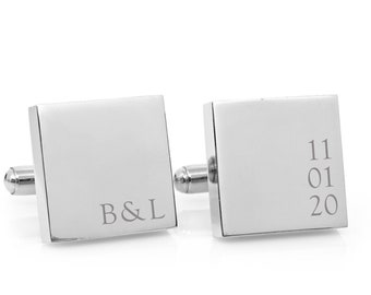 Engraved Minimalist Couple Monogram square silver cufflinks - personalized gift for wedding, anniversary or Christmas - Groomsman cufflinks