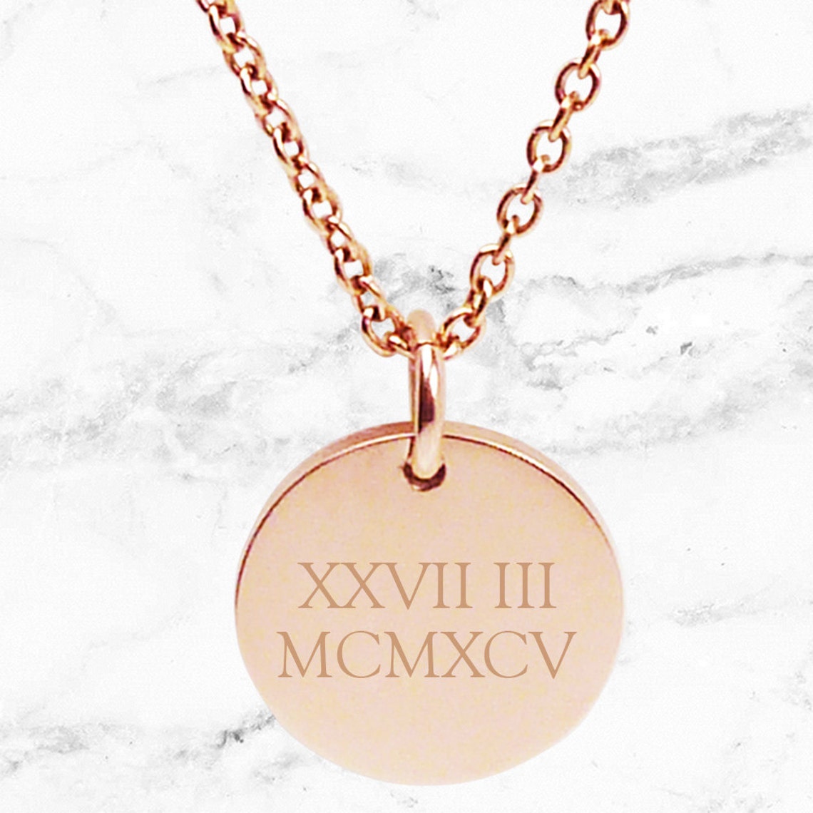 Engraved Rose Gold Pendant Necklace Roman Numerals Custom Etsy