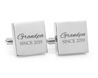 Personalised Father's Day silver cuff links - Script font - Grandpa Since - engraved square cufflinks - Personalized gift for new Grandad