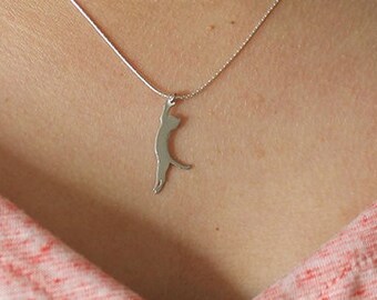 Silver cat stretching on a delicate silver chain,sterling silver cats & dogs charm,silver cat pendant,cat necklace.