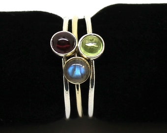 Silver and 14k solid gold stacking rings with gems