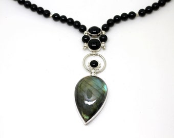 Labradorite pendant on Onyx necklace , OOAK