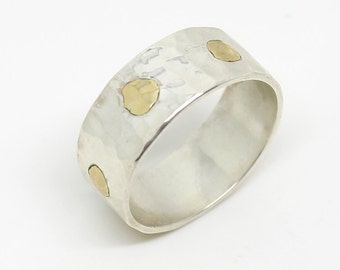 Wedding silver hammered ring with 14K gold dots . Size 7.