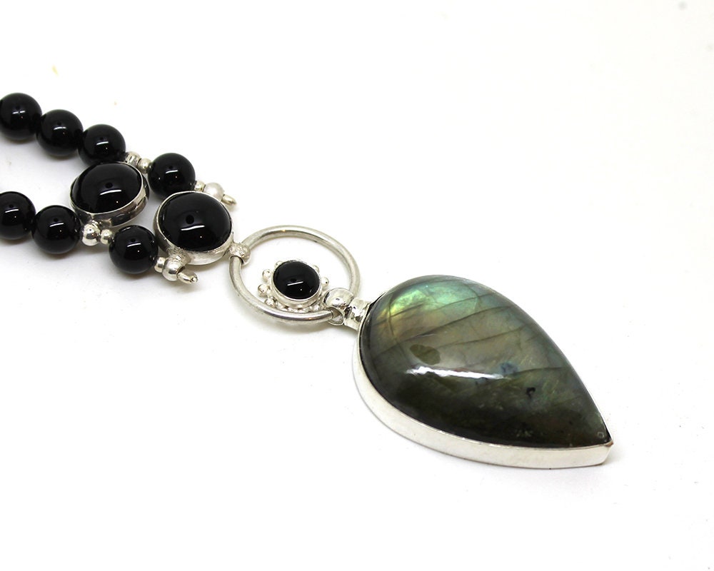 Labradorite Pendant on Onyx Necklace OOAK - Etsy