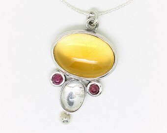 Golden Citrine pendant with Tourmaline Rubylite and clear Crystal, Citrine and silver pendant, semi precious necklace, one of a kind jewelry