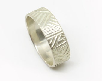 Sterling silver wedding band with stripes pattern .