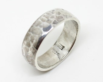 Hammered silver wedding band in half-round shape , mens wedding band .