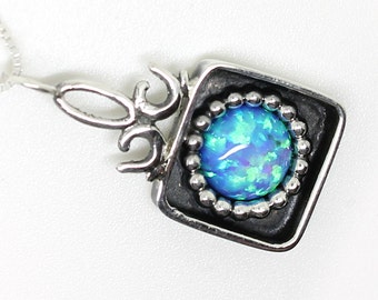 Victorian Style Silver Opal Pendant Necklace ,Handmade OOAK