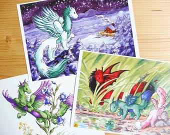 Plakat ze smokiem, zestaw 3 elementów A4, numer 07: Fantasyczna sztuka komiksowa, Zimowe kwiaty śnieżne, Anioł Smok, Dzieci Smoka