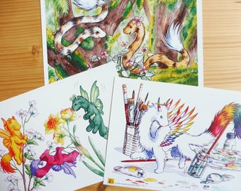 Plakaty ze smokami, zestaw 3-częściowy A4, numer 06: Fantasyczna sztuka komiksowa, wróżka, wąż, tęcza, anioł, smok