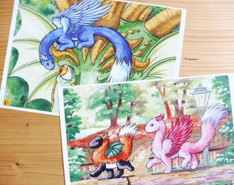 Plakat ze smokiem, 2 sztuki, zestaw A4, numer 09, komiks fantasy, dzieci smoka, ilustracja anioła i smoka