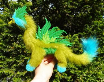 Ruchoma figurka smoka, lalka fantasy, unikalna, OOAK, lalka artystyczna, zielono-niebieska, Jersey Days