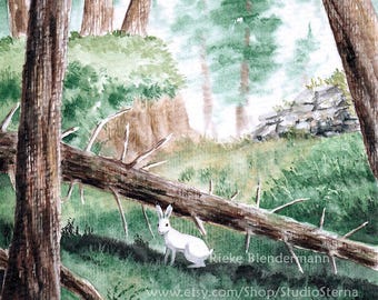 Zając bielak oryginalny obraz akwarela 16 x 22 cm natura drzewa zwierzę krajobraz dzika przyroda