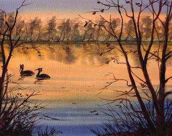 Światło, oryginalny obraz, sztuka, akwarela, 24 x 18 cm, natura, drzewa, zwierzę, ptak, jezioro, woda, krajobraz, dzika przyroda, wieczór